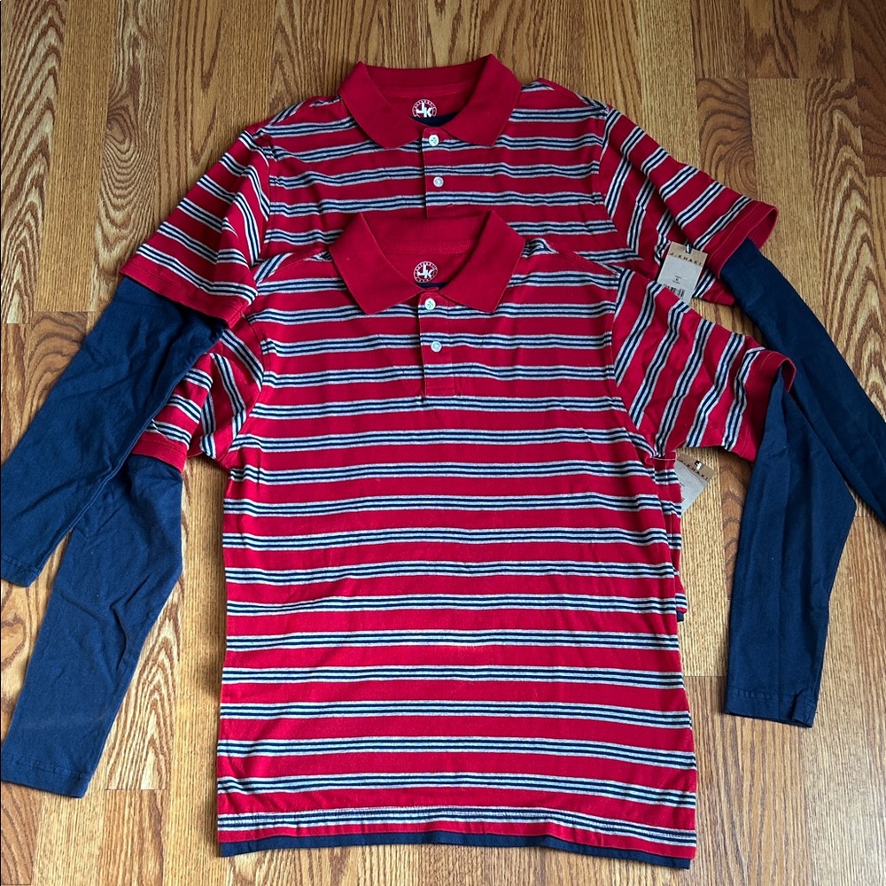 Lot of 2 J. Khaki Red Striped Polo with Navy Undershirt Long Sleeve Boys XL